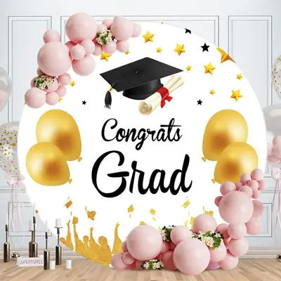 Aperturee Gold Ballons Round Black Congrats Grad Backdrop