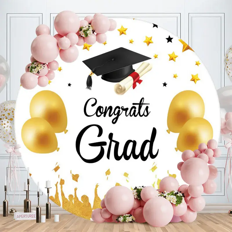 Aperturee Gold Ballons Round Black Congrats Grad Backdrop