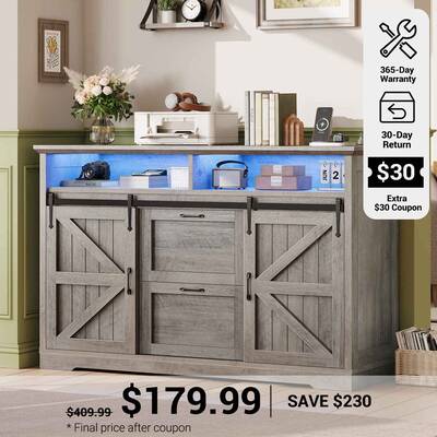 SEDETA | 47.2 Inch Farmhouse File Cabinet with Barn Door Printer Stand Power Outlets LED Lights Filing Cabinets fit Legal/Let...