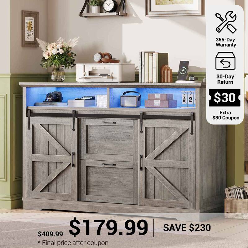 SEDETA | 47.2 Inch Farmhouse File Cabinet with Barn Door Printer Stand Power Outlets LED Lights Filing Cabinets fit Legal/Let...