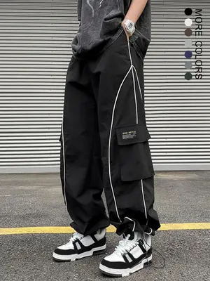 Men's Solid Letter Patched Pocket Drawstring Waist Cargo Pants, Loose Street Wide Leg Trousers, Summer Outfits 2024, Men's Bo...