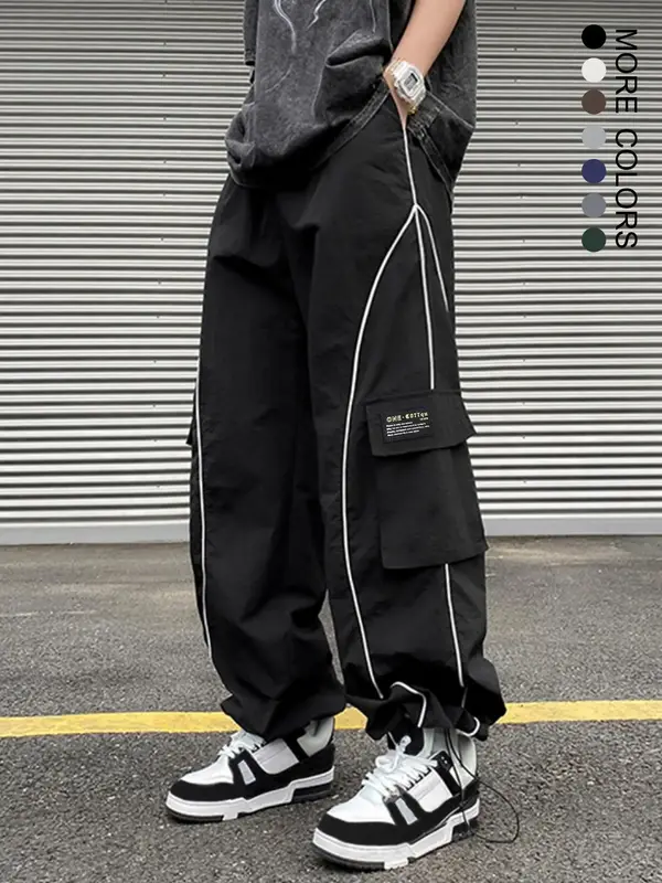 Men's Solid Letter Patched Pocket Drawstring Waist Cargo Pants, Loose Street Wide Leg Trousers, Summer Outfits 2024, Men's Bo...