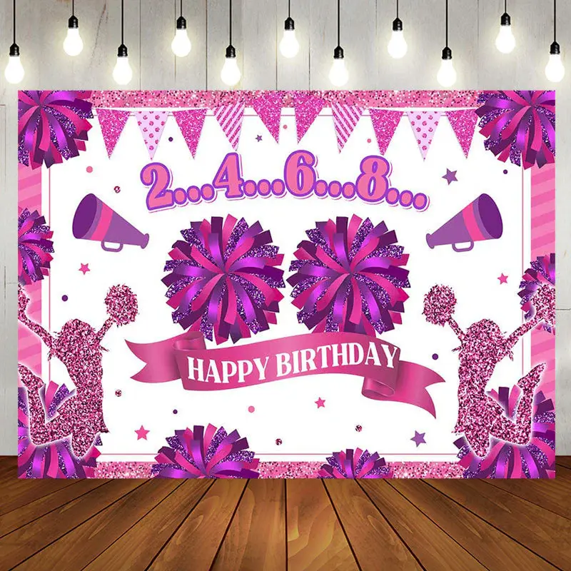 Glitter Pink Cheerleading Happy Birthday Backdrop - Aperturee