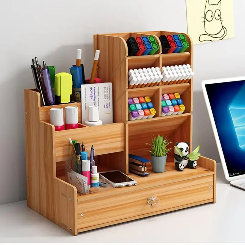 1 Count Multifunctional Desktop Stationery Storage Rack, Multi-grid Pencil & Pen Holder, Wooden Desk Organizer for Home Offic...