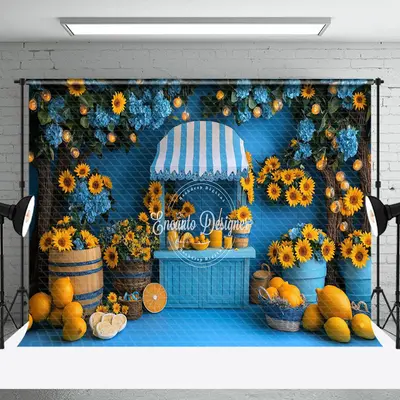 Aperturee Sunflower Blue Summer Lemonade Stand Photo Backdrop - Aperturee