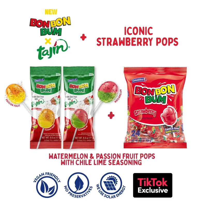 Bon Bon Bum Tajin & Fan-Favorite Strawberry Bubble Gum Lollipops TikTok Exclusive 44 OR 54 ct Bundle Vegan Friendly Gluten Fr...