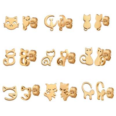 9 Pairs 9 Style 316 Surgical Stainless Steel Cute Kitty Stud Earrings for Women