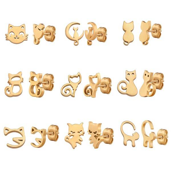 9 Pairs 9 Style 316 Surgical Stainless Steel Cute Kitty Stud Earrings for Women