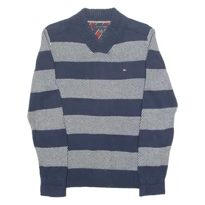 TOMMY HILFIGER Mens Patterned Jumper Blue Striped V-Neck Tight Knit S