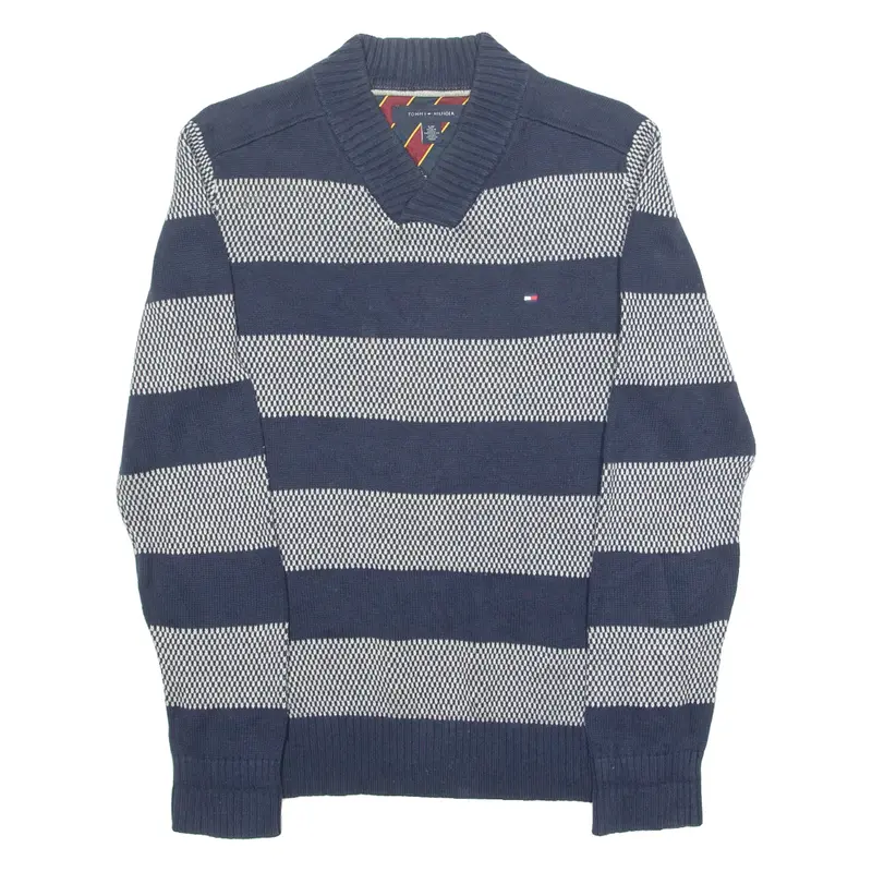 TOMMY HILFIGER Mens Patterned Jumper Blue Striped V-Neck Tight Knit S