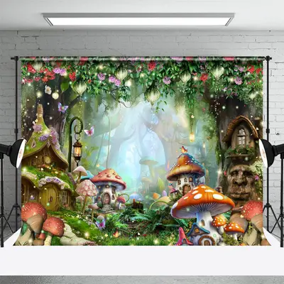 Enchanted Forest Mushroom Trees Spring Backdrop - Aperturee
