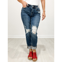 Judy Blue SLATER Mid-Rise Boyfriend Fit Distressed Cuffed Jeans