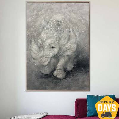 Huge Rhinoceros Painting Animal Wall Grey Art Large Original Acrylic Painting On Canvas Wall Canvas Art Original Wall Art Fra...