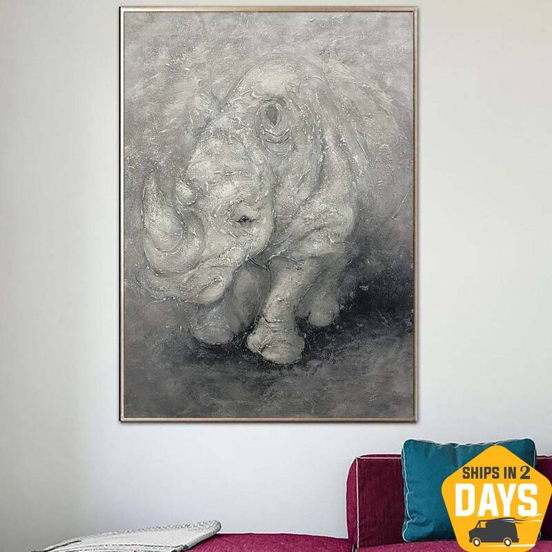 Huge Rhinoceros Painting Animal Wall Grey Art Large Original Acrylic Painting On Canvas Wall Canvas Art Original Wall Art Fra...