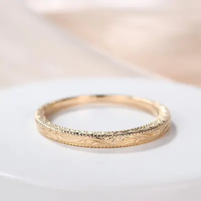 Antique Wedding Band Solid 14k Rose Gold Filigree Flower Annivesary Ring