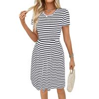 Dokotoo Casual Dresses for Women Round Neck Short Sleeved Striped Summer Dresses for Women 2025 Midi Dresses