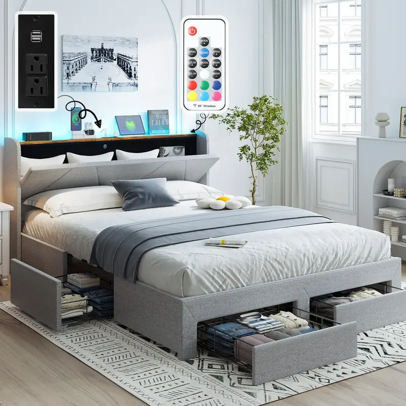 VOWNER Bed Frame with Storage Headboard & 4 Drawers, LED Upholstered Bed Frame with Charging Station, Wood Slats Support No B...