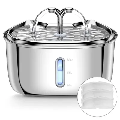 Cat Water Fountain,Dog Water Dispenser With Water Level Window and LED Light, 2.5L/84Oz Stainless Steel With 3 Replacement Fi...