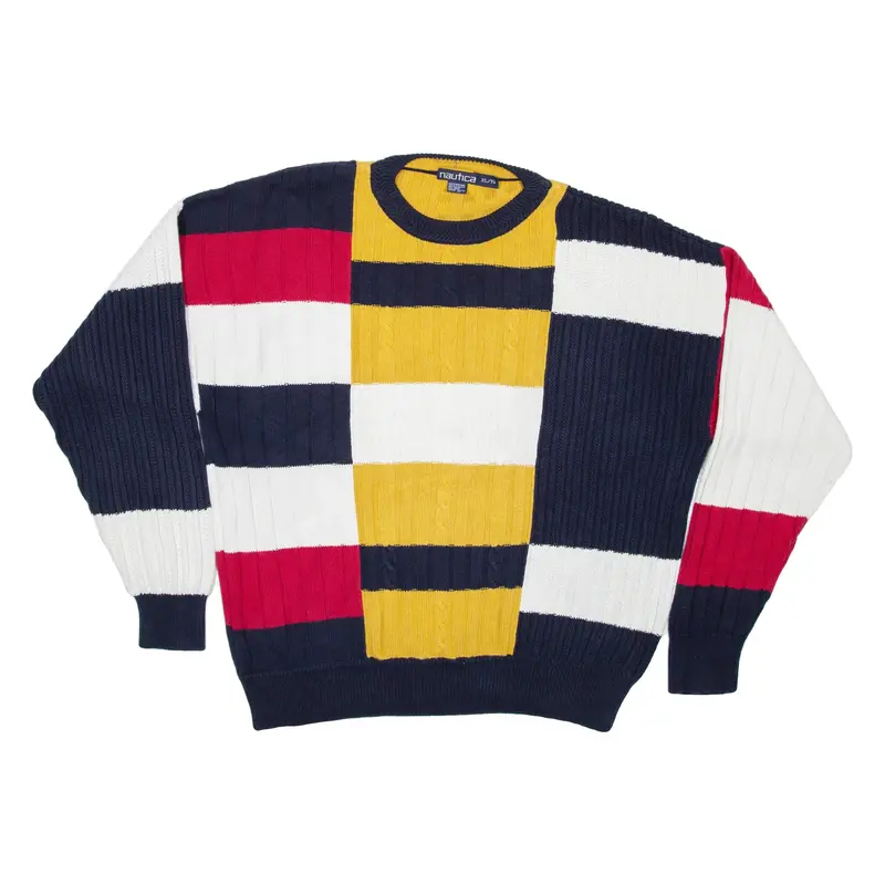 NAUTICA Mens Patterned Jumper White Colourblock Chunky Knit XL
