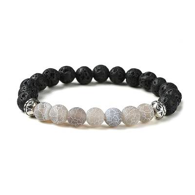 Natural Dyed Crackle Agate & Lava Rock Round Beaded Stretch Bracelet