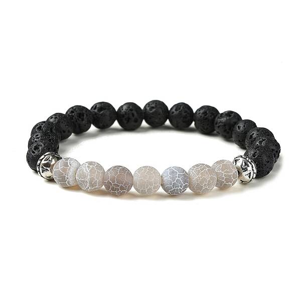 Natural Dyed Crackle Agate & Lava Rock Round Beaded Stretch Bracelet