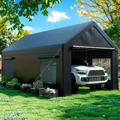 12x20 FT Carport Heavy Duty Carport with Roll-up Windows, Portable Garage with Removable Sidewalls & Doors, Car Canopy with E...