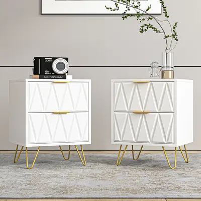 2pcs Nightstand Modern Bedside Table with 2 Drawers & Gold Metal Legs, Simple and Elegant Bedside Table,Night Stand Metal Leg...