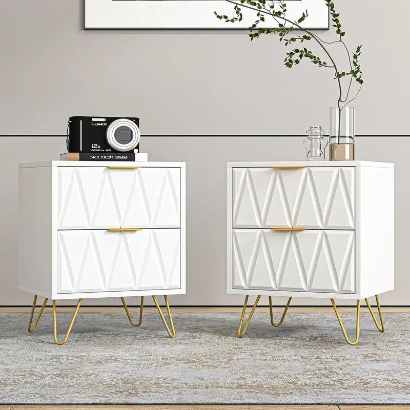 2pcs Nightstand Modern Bedside Table with 2 Drawers & Gold Metal Legs, Simple and Elegant Bedside Table,Night Stand Metal Leg...