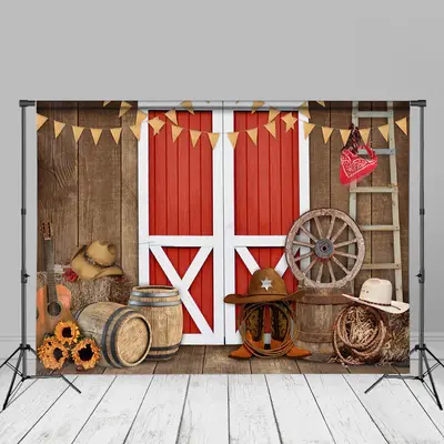 Red Door Wooden Wall Cowboy Spring Photo Backdrop - Aperturee