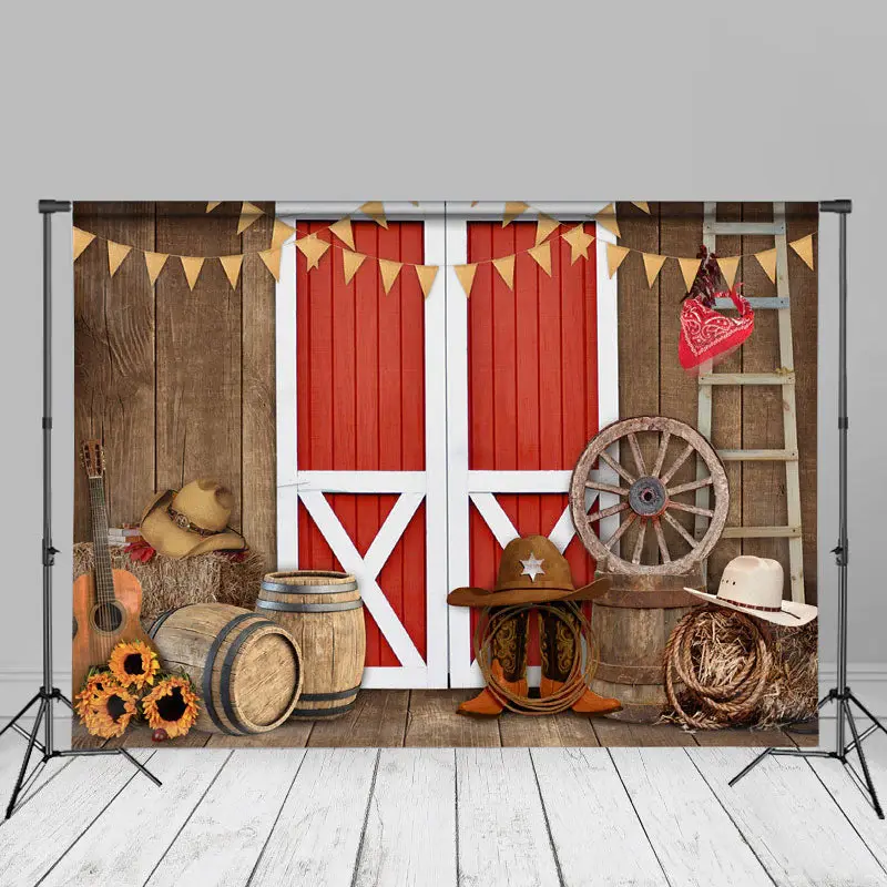 Red Door Wooden Wall Cowboy Spring Photo Backdrop - Aperturee