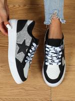 White and Black Star Pattern Lace Up Low Top Sneakers, Everyday Sneaker, Trending Sneakers, Shoes for Women, Casual Comfortab...