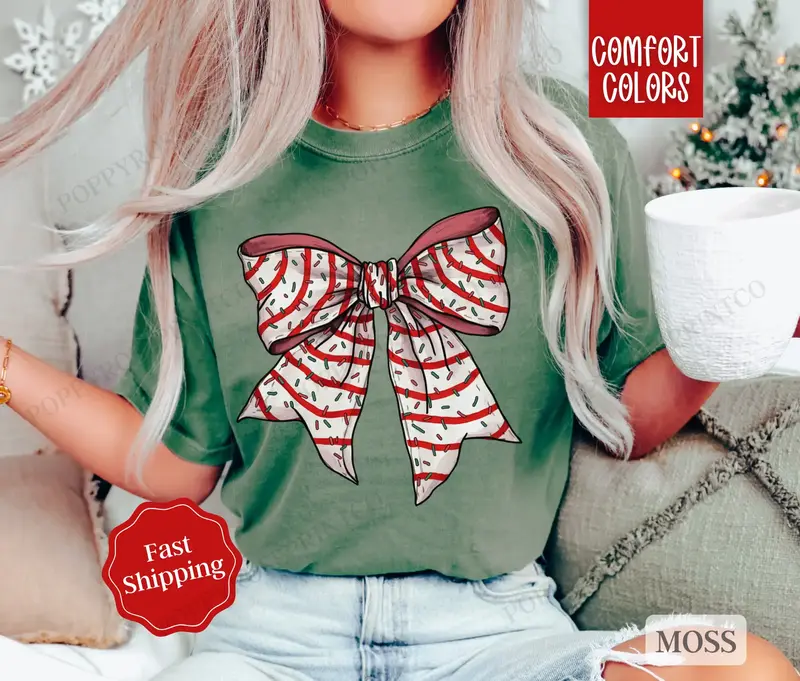 Christmas Cake Bow Shirt Comfort Colors Holiday Tshirt,  Women's Holiday Tee christmas shirt retro christmas