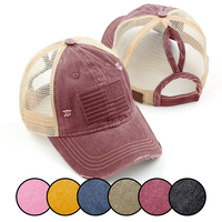 4th of July Tone & Tone USA Embroidery Flag Pony Cap with Mesh for Women Fitted Hats