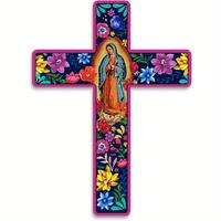 Mexican Flower Pattern Crucifix, 1 Count Wooden Wall Mounted Cross, Wall Art Decor for Home Church Farmhouse, Day Of The Dead...