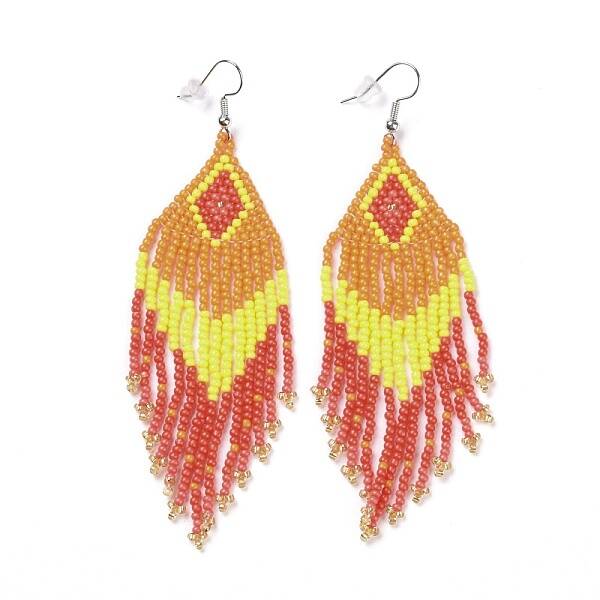 Glass Seed Braided Rhombus with Tassel Chandelier Earrings
