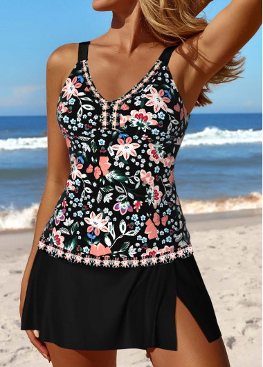 Modlily Patchwork Random Floral Print Black Tankini Set - L