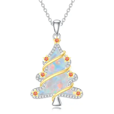 Sterling Silver Two-tone Circular Shaped Cubic Zirconia & Opal Christmas Tree Pendant Necklace
