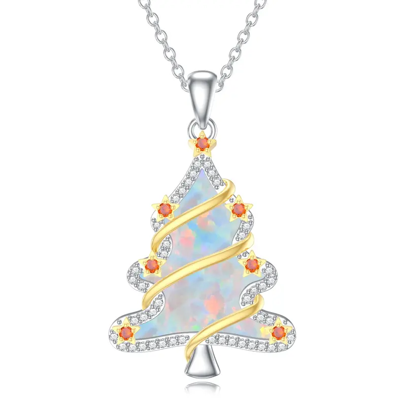 Sterling Silver Two-tone Circular Shaped Cubic Zirconia & Opal Christmas Tree Pendant Necklace