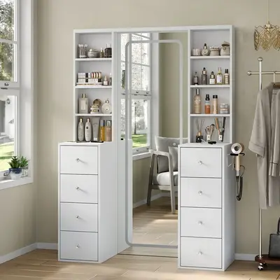 FUSOU Vanity Desk with Full Length LED Mirror, Tall Makeup Vanity with Power Outlet, 3 Color Modes, Brightness Adjustable, 8 ...