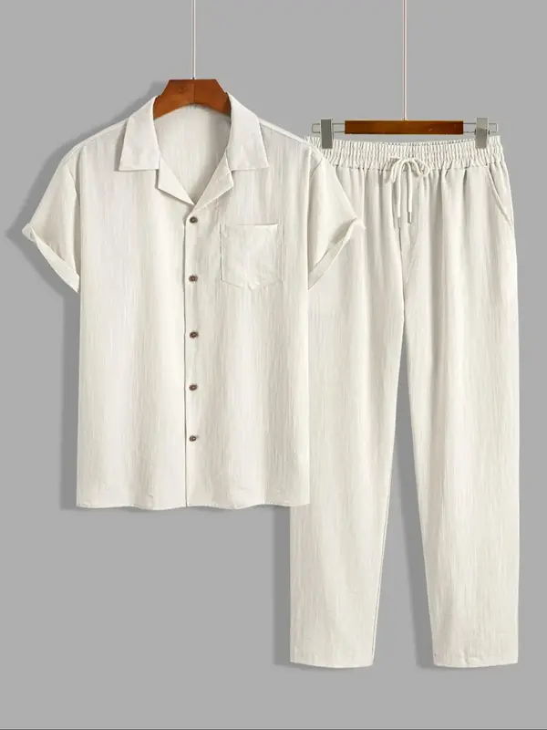 Men's Solid Button Front Shirt & Drawstring Waist Pants Set, Going Out Outfit, Regular Fit Casual Relaxed Lapel Neck Short Sl...