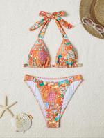 Women's All Over Print O-ring Linked Halter Neck Bikini Set, High Stretch Casual Fashion Chic Tie Back Backless Swim Top & Sw...