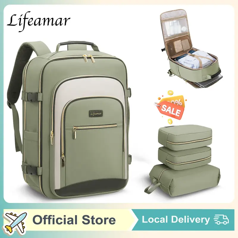 LIFEAMAR 【Buy 1 get 3】Carry Luggage & Travel Bag Colorblock Carry-On Travel Backpack with 3 Packing Cubes and Laptop Comp...
