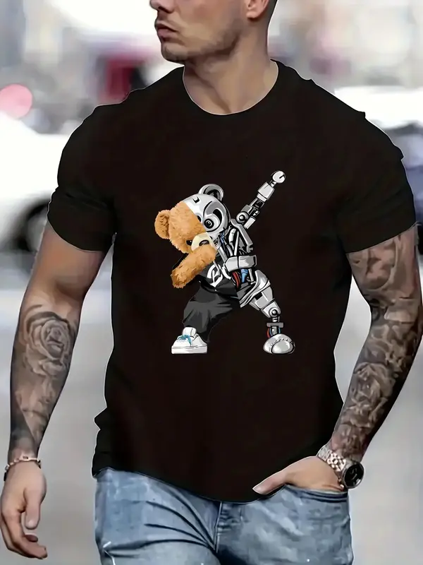 Men's Cartoon Bear Print Round Neck Tee, Regular Fit Casual Short Sleeve T-shirt, Graphic Tees, Streetwear, Men's T Shirts, ...