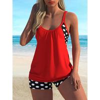 Women's polka dot print tankini two-piece set, boho ruched cut out spaghetti strap swim top & high waist skinny swim shorts, ...
