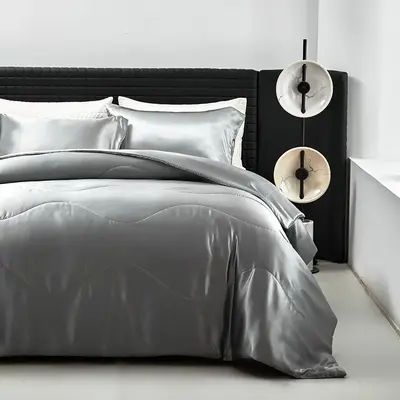 Solid Color Satin Bedding Set, 1 Count Comforter & 2 Counts Pillowcase without Filler, Cool Bedroom Soft Comfortable Bedding ...