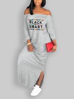 Women's Letter Print Off Shoulder Split Hem Dress, Casual Fashion Long Sleeve Knot Detail Long Dress for Daily Outdoor Wear, ...