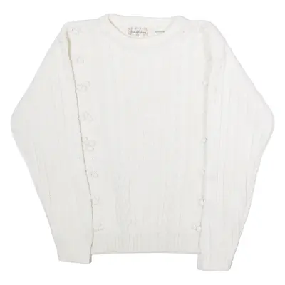 BRITISH COLONY Womens Jumper White Crew Neck 80s Cable Knit L