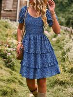 Women's Ditsy Floral Print Tiered Layer Shirred A Line Dress, Casual Boho Fashion Puff Sleeve Scoop Neck Short Dress for Dai...