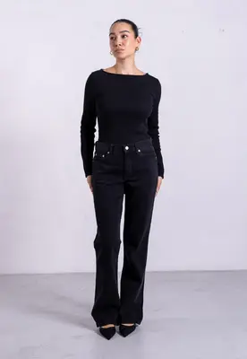 Ribbed Boat Neck Long Sleeve T-Shirt, Black | Size: XS