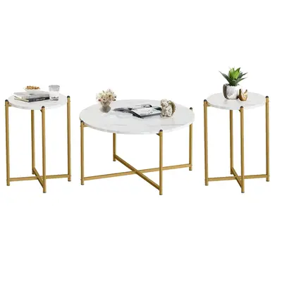 Lamerge Coffee Table Set of 3,Modern Faux Marble Top with Golden Frame,1 Coffee Table & 2 Accent Table, Living Room Table Set...
